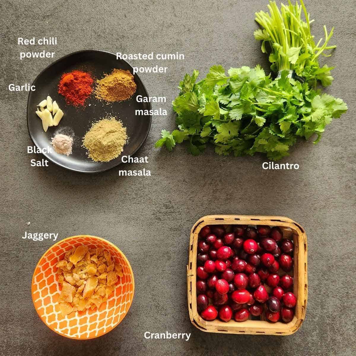 premeasured ingredients for masala cranberry salsa.