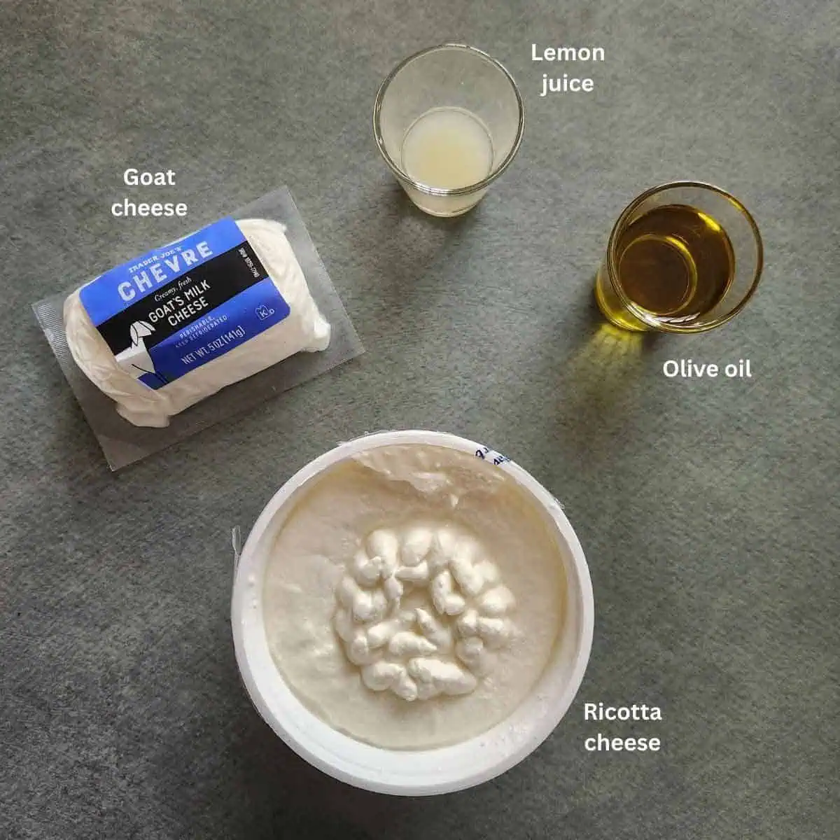 pre-measured ingredients to make whipped ricotta and goat cheese.