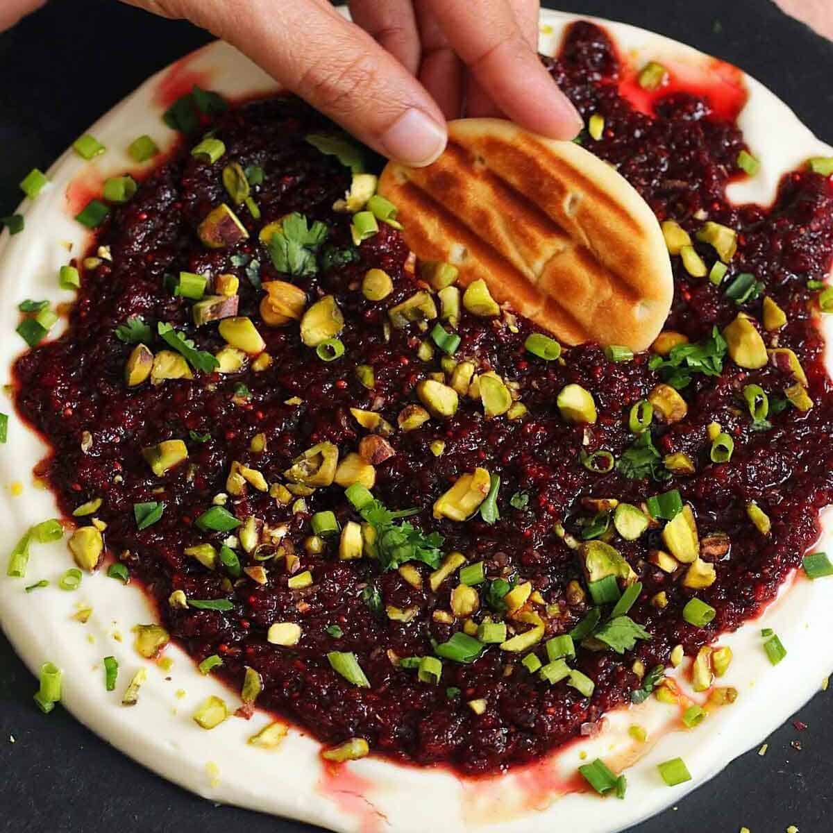 Masala Cranberry Salsa Over Whipped Ricotta and Goat Cheese