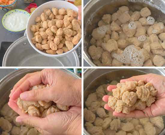 cooking soya chunks in salted boiling water.