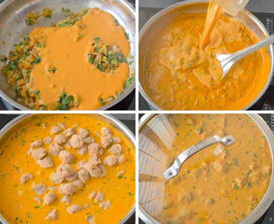 adding curd-onion-tomato based gray in sauted aromatics. then add soya chunks and water.