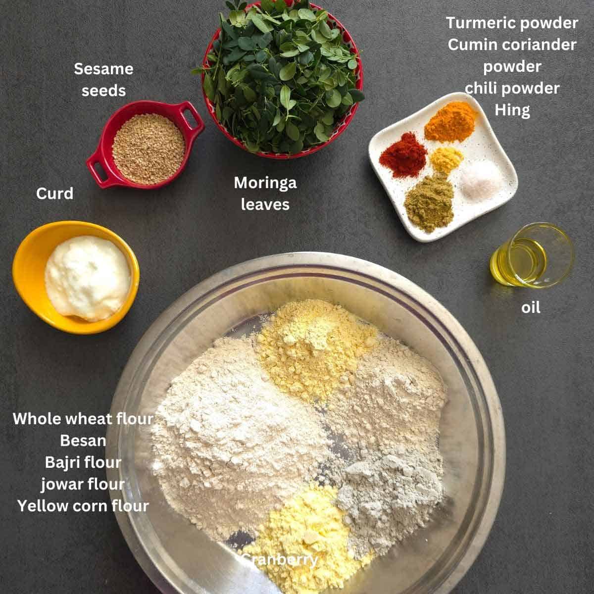 premeasured ingredients for Multigrain Moringa Thepla.