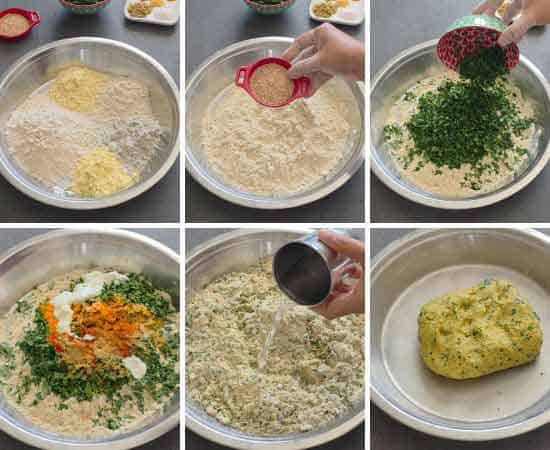 Adding indian spices, sesame seeds, curd, moringa in multigrain flour.