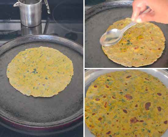 cooking thepla in cast iron pan.