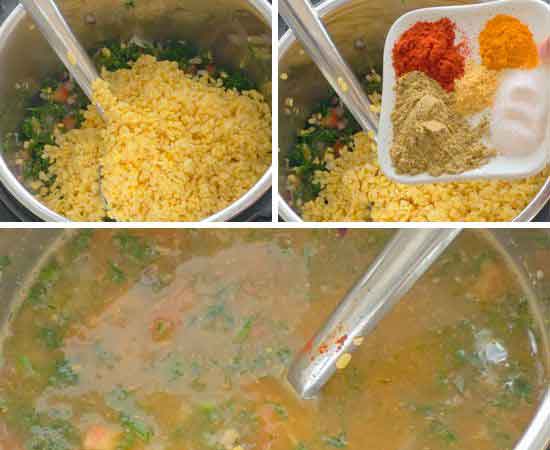 adding moong dal, spices and water in sauted aromatics.