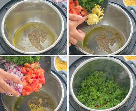 sauteing garlic, ginger, onion, tomato, dil leaves in ghee in instant pot.