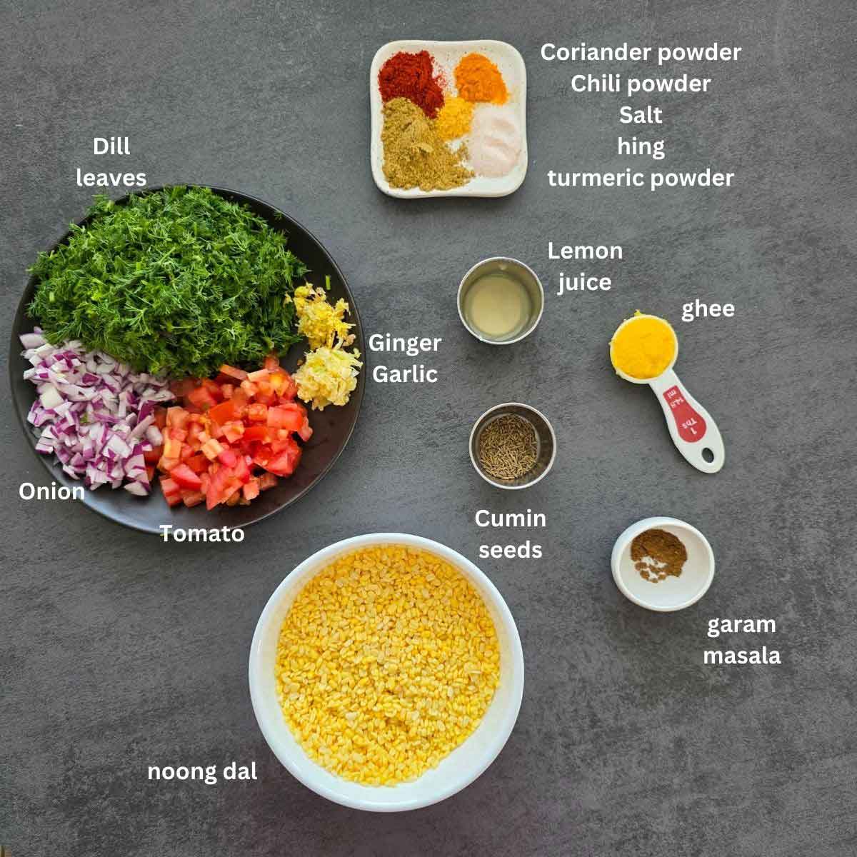 pre-measured ingredients for shepu moong dal.