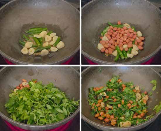 saute green chili, garlic, peanut, cilantro, and moringa leaves in cast iron pan.
