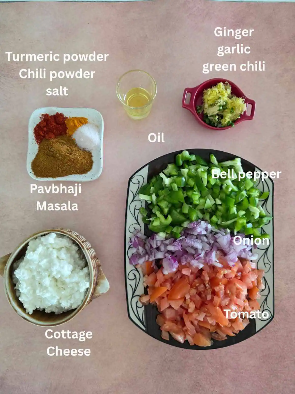 premeasured ingredeints for cottage cheese burji.
