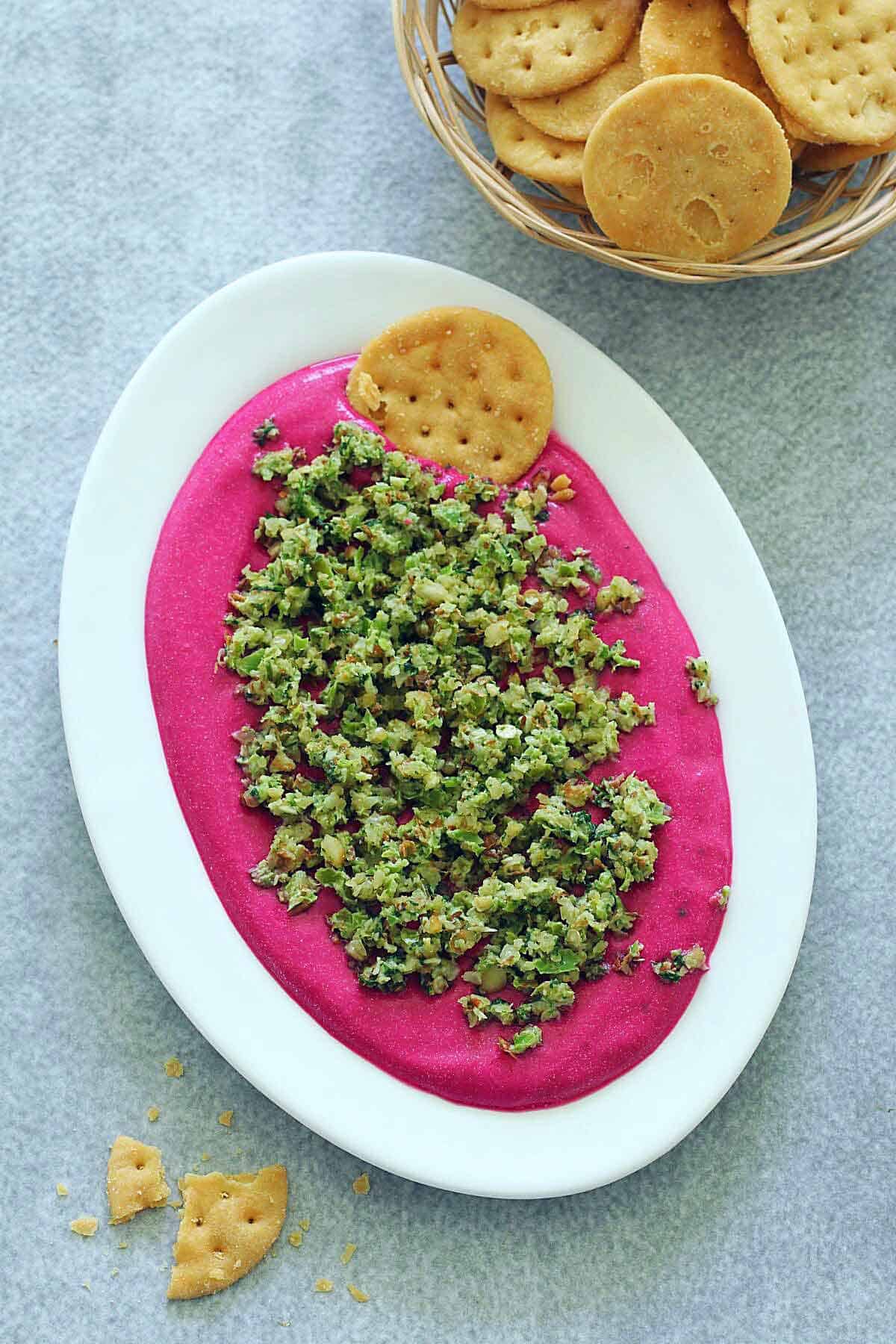 Beet paneer dip with thecha served with papdi